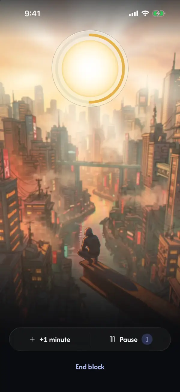 The running block: the sun with its gold arc half drawn over the city, no numbers on the screen, and +1 minute, Pause and End block below.