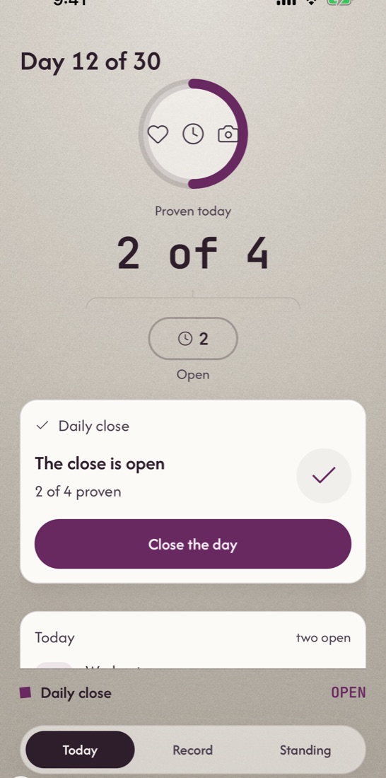 The Today screen: Day 1 of 30, proven today 0 of 1, a Reading block of 50 minutes proven by the timer, and a Start block button.